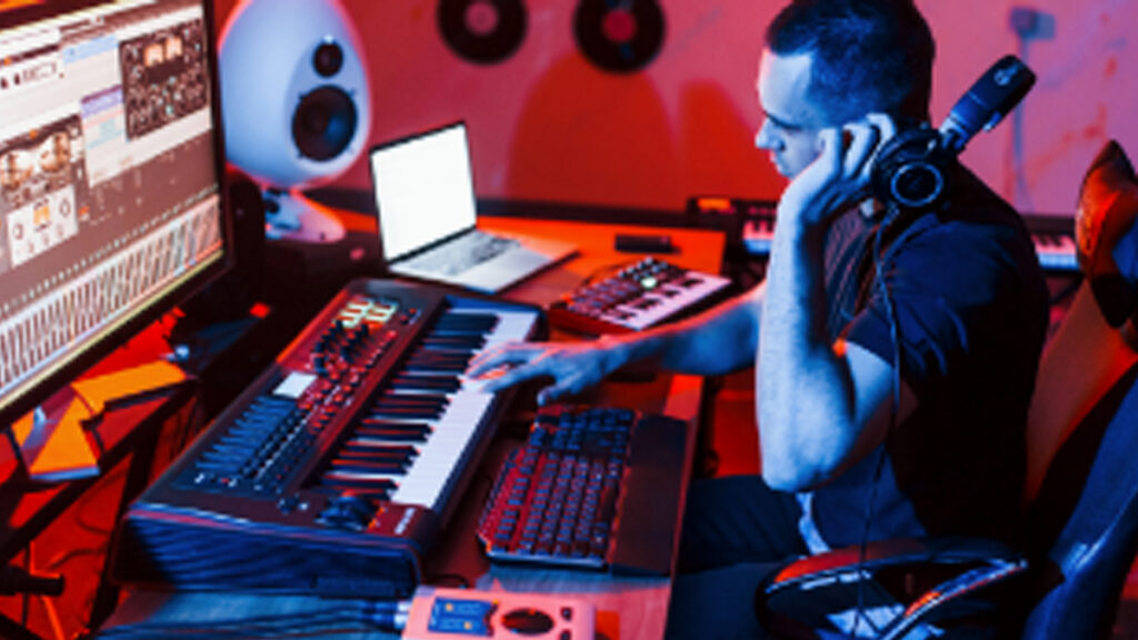 Man holding headphone with one hand on keyboard